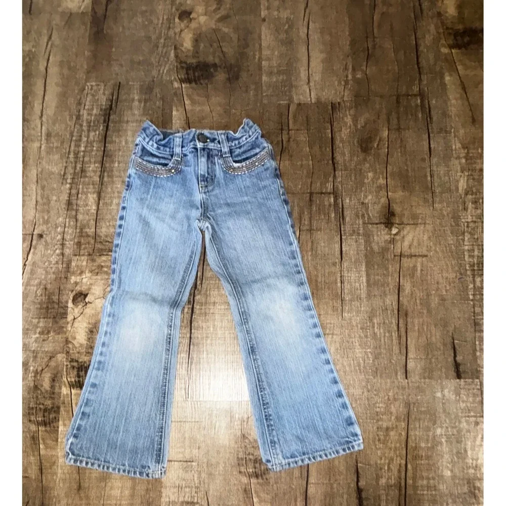 OshKosh Bgosh Girls Flare Jeans Medium Wash Rhinestone Size 5 Adjustable Waist
